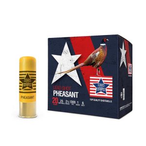 Box of stars and stripes lead shot pheasant ammo with blue, red, and white design featuring a pheasant image; yellow shotgun shell beside it.