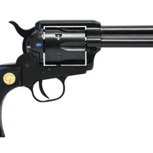 Black revolver with textured grip and gold emblem, showcasing the cylinder detail.