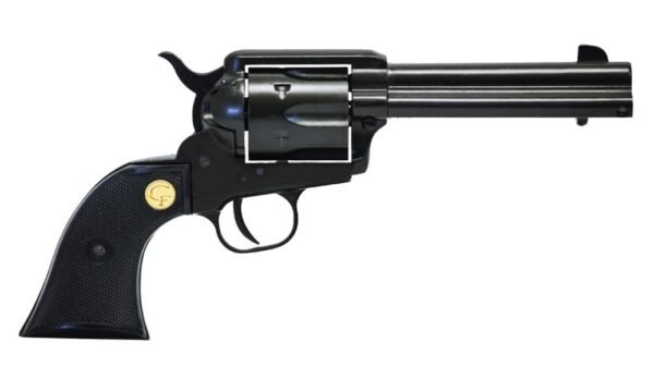 Black revolver with textured grip and gold emblem, showcasing the cylinder detail.