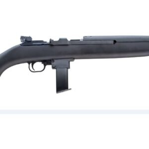 Black semi-automatic rifle with a matte finish, featuring a detachable magazine and peep sight, displayed on a white background.