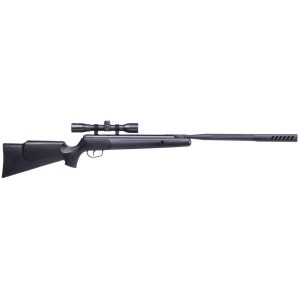 Black hunting rifle with scope and synthetic stock, Iowa.