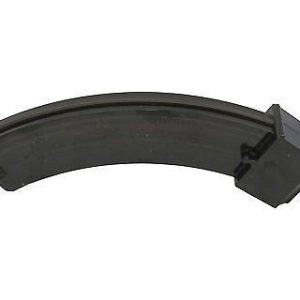 Black curved firearm magazine with a solid rectangular base against a plain background.