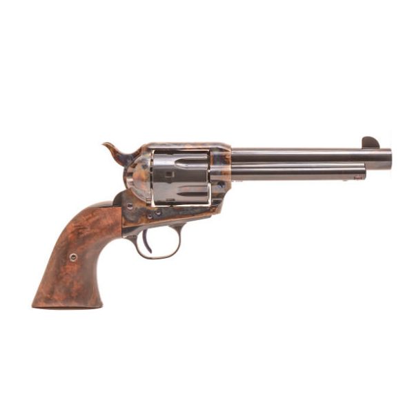 Colt-style single-action revolver with a brown wooden grip and dark blued barrel and cylinder, showcased on a white background.