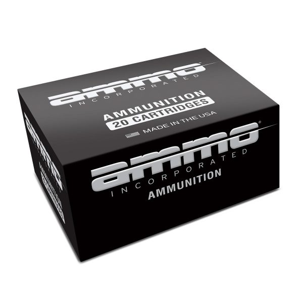 Black box of ammo incorporated ammunition, labeled "20 cartridges" with "made in the usa" branding.