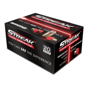 Box of streak visual ammunition, 20 rounds, black packaging with red and white text and images, emphasis on non-incendiary rounds.