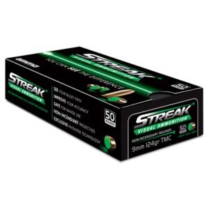 Box of streak 9mm 124gr tmc visual ammunition with black and green packaging, showing bullets and features.