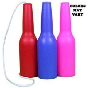 Red, blue, and pink rubber practice bottles with attached rope; text reads "Colors May Vary."