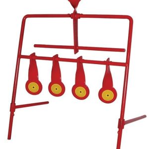 Red shooting target stand with five swinging paddles, featuring yellow bullseye centers.