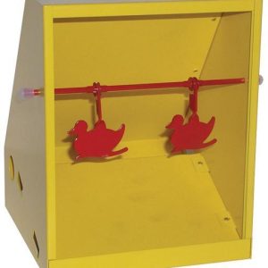Yellow metal shooting target box with red duck-shaped targets hanging inside.