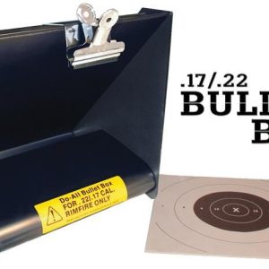 Black bullet box target trap with a silver clip and attached paper target. Yellow warning label indicates use for .17/.22 cal rimfire only. Circular paper target on the side.