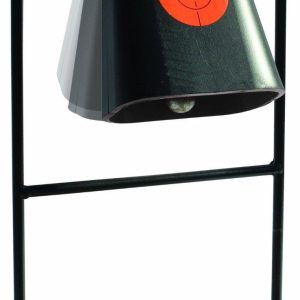 Black metal gun target stand with orange bullseye target in Casey, Iowa.