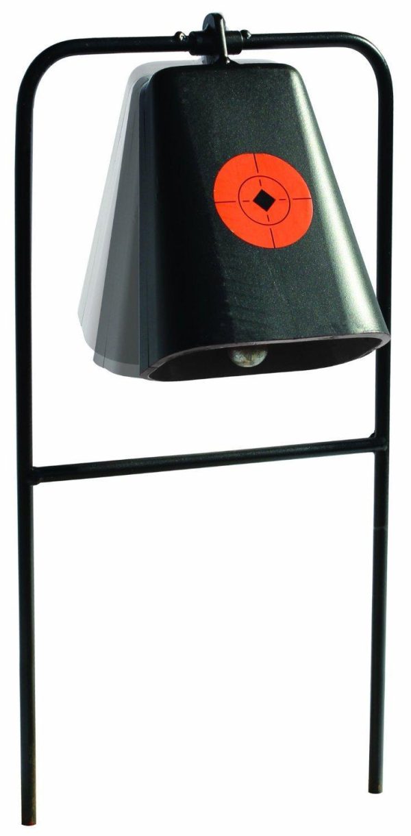 Black metal gun target stand with orange bullseye target in casey, iowa.