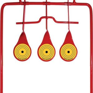 Red metal shooting target stand with three spinning targets, each featuring a yellow bullseye pattern.