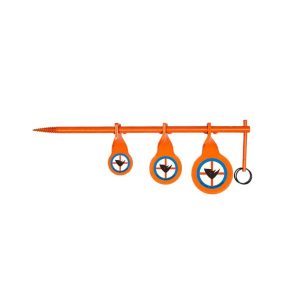Orange metal shooting target spinner with circular targets featuring a black and blue bullseye design.