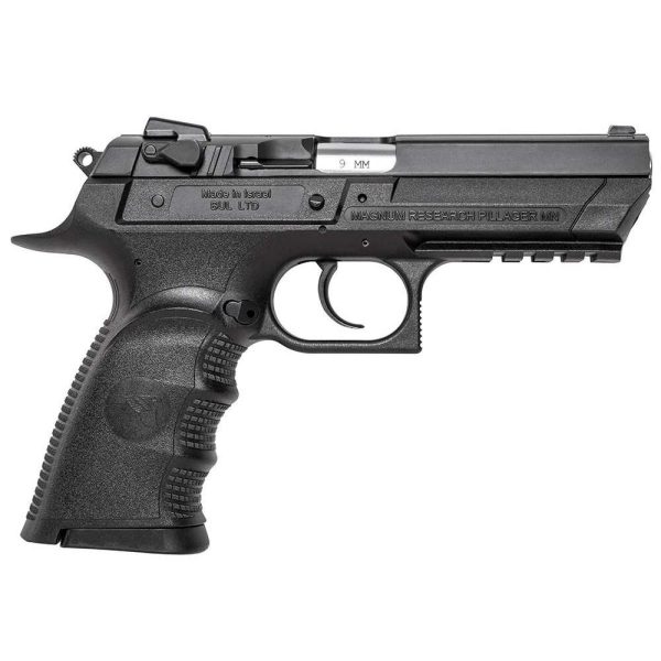Black magnum research pillager 9mm handgun with textured grip and tactical rail.