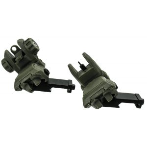 Olive green metal firearm sights with black adjustment knobs on a white background.