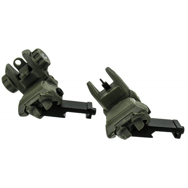 Olive green metal firearm sights with black adjustment knobs on a white background.