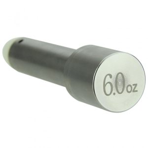 Silver metal firearm buffer weight labeled "6.0 oz."