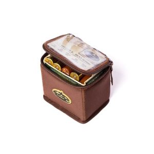 Brown ammo bag with a transparent lid displaying shotgun shells and a Casey's logo, related to firearms in Casey, Iowa.