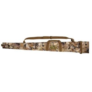 Camo gun bag with brown straps and a central logo, designed for firearms storage, viewed against a white background.