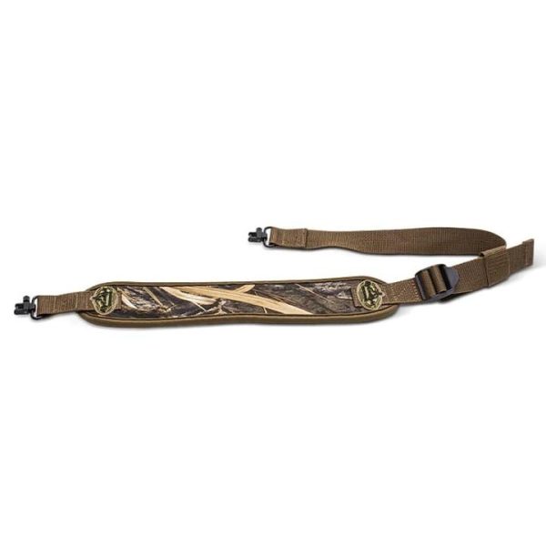 Dark brown camouflage gun sling with tan accents and adjustable strap, featuring a clip for attachment.