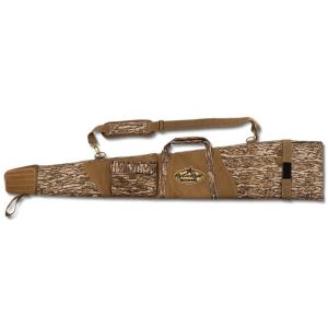 Camo and tan firearm bag with multiple pockets, adjustable strap, and carrying handle, featuring a green and yellow embroidered patch.
