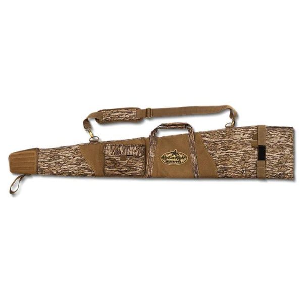 Camo and tan firearm bag with multiple pockets, adjustable strap, and carrying handle, featuring a green and yellow embroidered patch.