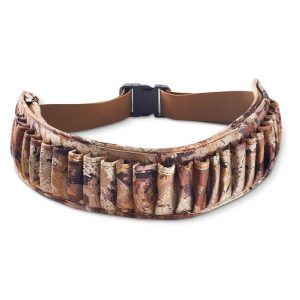 Camouflage ammo belt with multiple cartridge loops, featuring earth tone colors like brown, tan, and green, designed for hunting or shooting purposes.