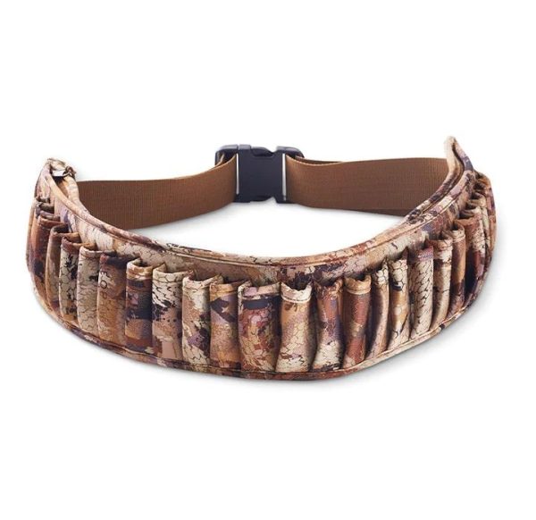 Camouflage ammo belt with multiple cartridge loops, featuring earth tone colors like brown, tan, and green, designed for hunting or shooting purposes.