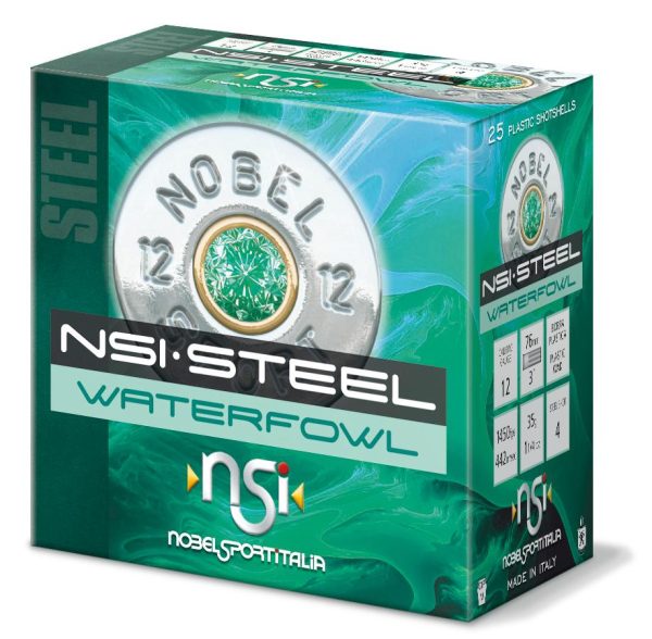 Box of nsi steel waterfowl ammunition with a green and turquoise design, featuring a detailed image of a shotshell base labeled "nobel. "