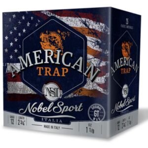 Box of nobel sport american trap 12-gauge ammunition with a stylized american flag design, featuring white text and orange accents on a dark blue background.