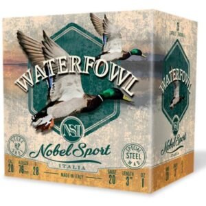 Nobel sport italia waterfowl ammo box with flying ducks, predominantly green and brown tones, marked "20 gauge" and "made in italy. "