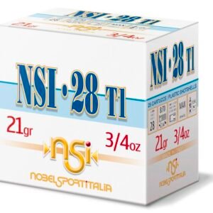 Box of nsi-28 t1 shotshells, 21gr 3/4oz, white packaging with blue and gold lettering, nobel sport italia brand.