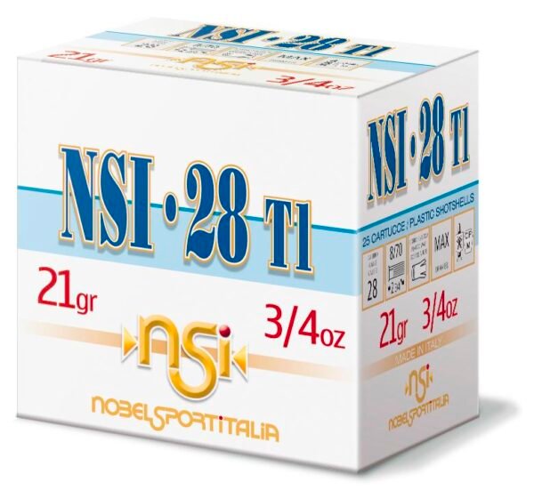 Box of nsi-28 t1 shotshells, 21gr 3/4oz, white packaging with blue and gold lettering, nobel sport italia brand.