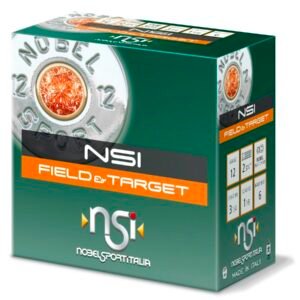 A box of nsi field & target ammo with a green background, featuring an image of a shotgun shell base with orange and silver accents. The package displays details about gauge, length, and shot size.