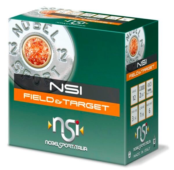 A box of nsi field & target ammo with a green background, featuring an image of a shotgun shell base with orange and silver accents. The package displays details about gauge, length, and shot size.