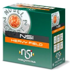 Box of nsi heavy field shotgun shells with a green and orange design, featuring silver and orange shell graphics.