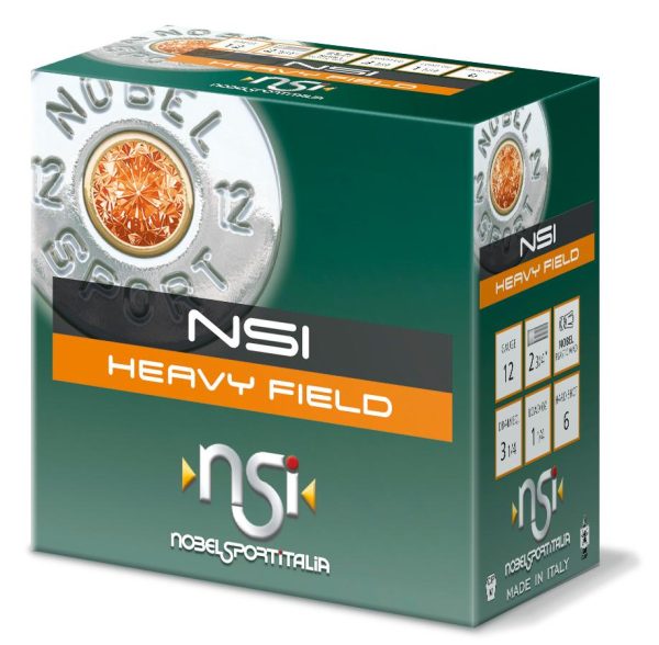 Box of nsi heavy field shotgun shells with a green and orange design, featuring silver and orange shell graphics.