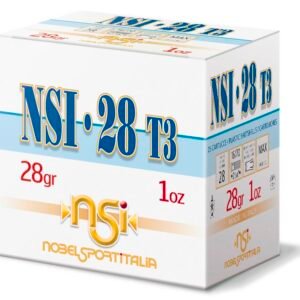 White and blue box of nsi 28 t3 28-grain cartridges with gold and red accents.