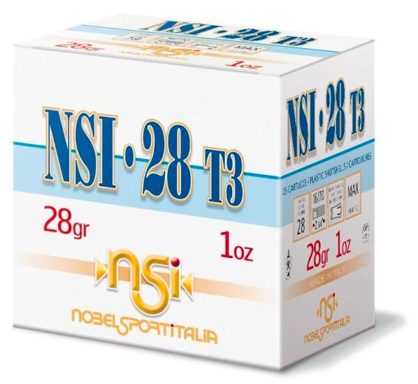 Box of nsi 28 t3 ammunition with white, blue, and gold design, labeled 28gr and 1oz, by nobel sport italia.