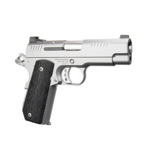 Silver handgun with a textured black grip, featuring precise milling and a sleek design.