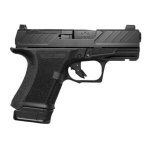 Black semi-automatic handgun with textured grip and slide, detailed in casey, iowa context.