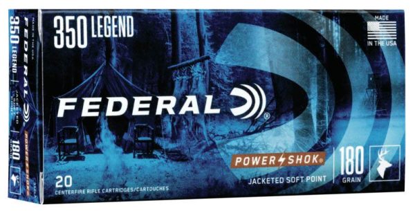 Box of federal 350 legend power-shok rifle cartridges, featuring blue woodland imagery and bold white text indicating 180-grain jacketed soft point ammo.