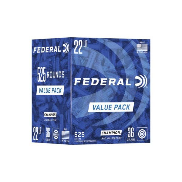Blue and white federal 22lr ammunition value pack box with "525 rounds," "36 grain," and "champion" branding.