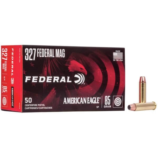 Federal 327 federal mag ammo box, red design with american eagle branding, showing 50 centerfire pistol cartridges, 85 grain.