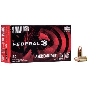 Federal american eagle 9mm luger 115 grain ammunition box with a black and red design featuring an eagle graphic, alongside two brass-colored bullets.