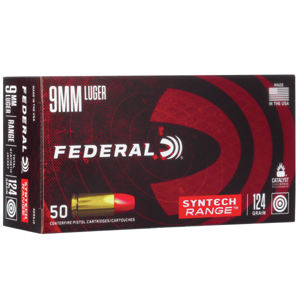 Federal 9mm luger 124 grain syntech range ammo box, red and black design, featuring local references to casey, iowa.