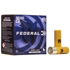 Box and two yellow shotgun shells of federal 20 gauge game load heavy field ammo, featuring blue graphics with a bird, designed for hunting.