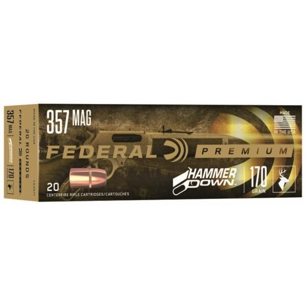 Box of federal premium. 357 magnum ammunition with hammerdown branding, featuring a gold and black design, 170 grain, 20 centerfire rifle cartridges.