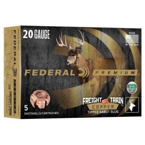 Federal premium 20 gauge freight train copper sabot slug ammo box featuring a deer illustration and metallic text details.